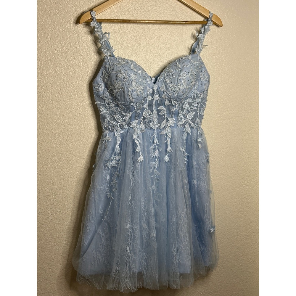 Fairycore HOCO Whimsy boho Blue Lace SPARKLY Mini Dress Party Cocktail SZ 6